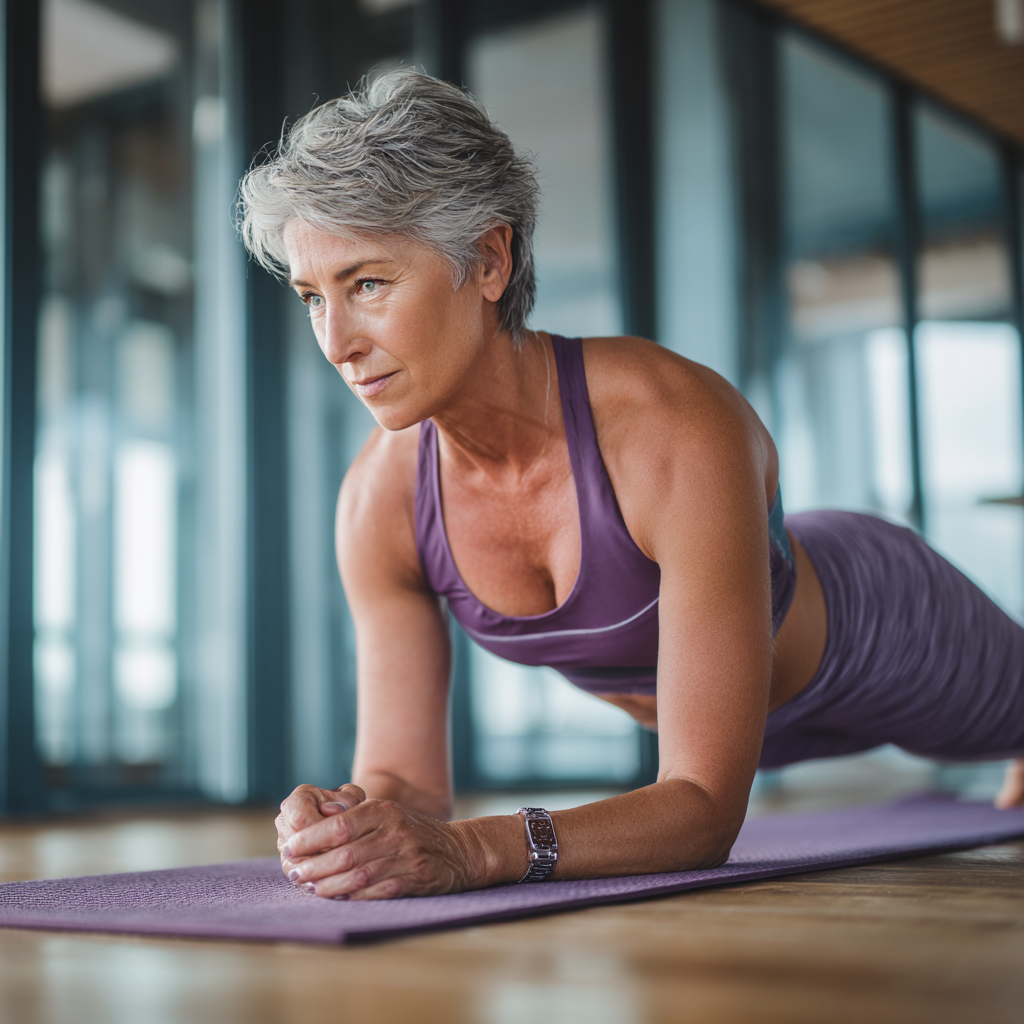 Mature woman in her late forties with short gray hair wearing purple athletic wear performing a plank exercise on a yoga mat in a modern bright fitness studio with wooden floors and natural lighting