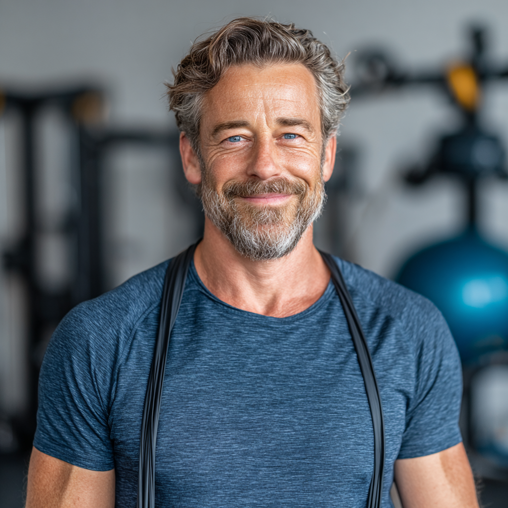 Smiling mature man around fifty years old with graying hair wearing dark blue athletic shirt doing resistance band exercises in a well-lit gym with exercise equipment visible in the background